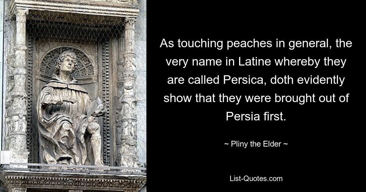 As touching peaches in general, the very name in Latine whereby they are called Persica, doth evidently show that they were brought out of Persia first. — © Pliny the Elder