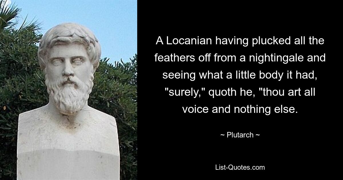 A Locanian having plucked all the feathers off from a nightingale and seeing what a little body it had, "surely," quoth he, "thou art all voice and nothing else. — © Plutarch