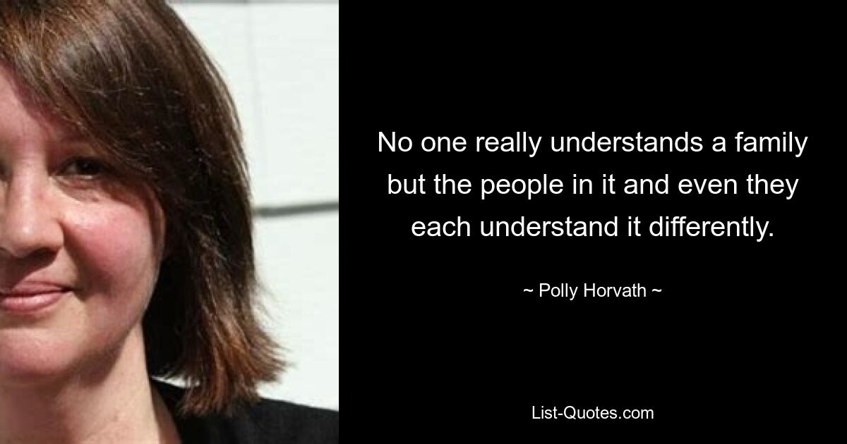 No one really understands a family but the people in it and even they each understand it differently. — © Polly Horvath