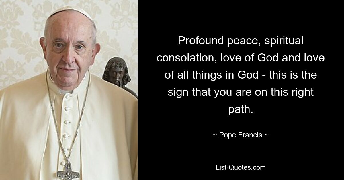 Profound peace, spiritual consolation, love of God and love of all things in God - this is the sign that you are on this right path. — © Pope Francis