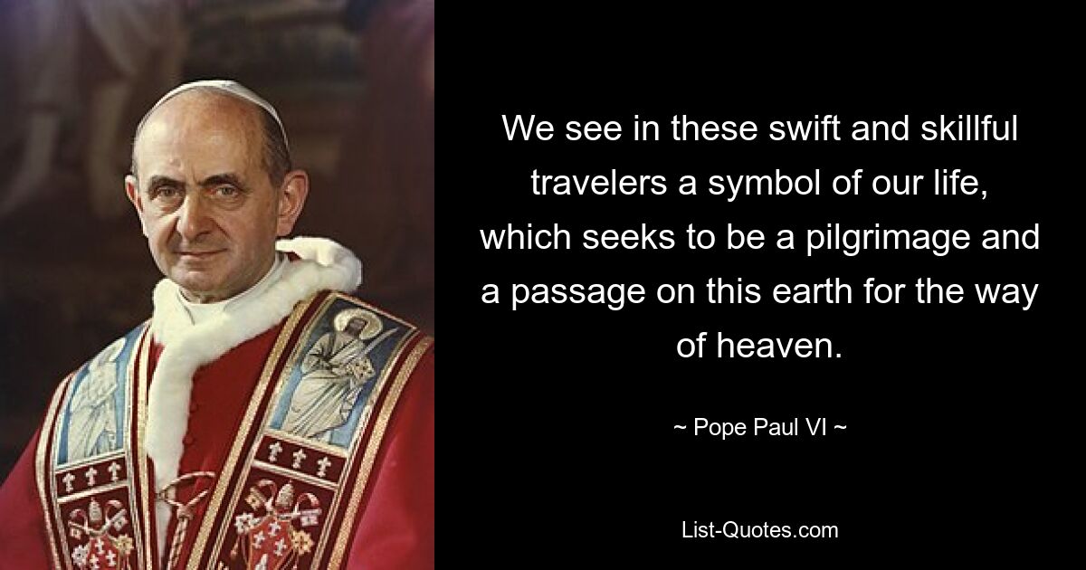 We see in these swift and skillful travelers a symbol of our life, which seeks to be a pilgrimage and a passage on this earth for the way of heaven. — © Pope Paul VI