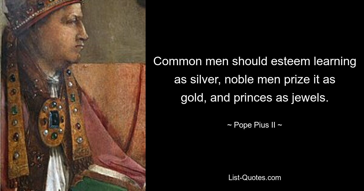 Common men should esteem learning as silver, noble men prize it as gold, and princes as jewels. — © Pope Pius II