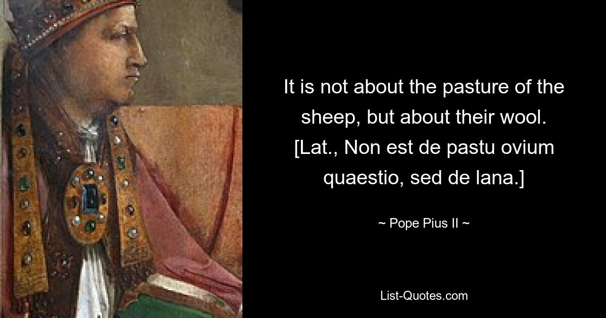 It is not about the pasture of the sheep, but about their wool.
[Lat., Non est de pastu ovium quaestio, sed de lana.] — © Pope Pius II