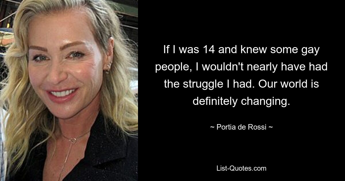 If I was 14 and knew some gay people, I wouldn't nearly have had the struggle I had. Our world is definitely changing. — © Portia de Rossi