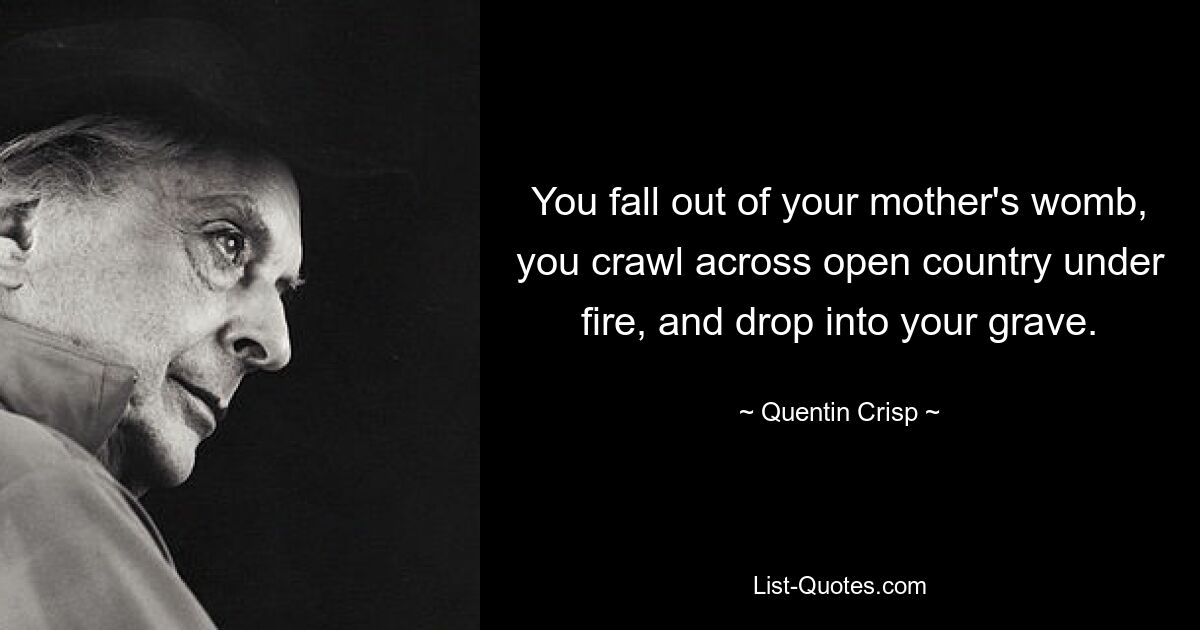 You fall out of your mother's womb, you crawl across open country under fire, and drop into your grave. — © Quentin Crisp