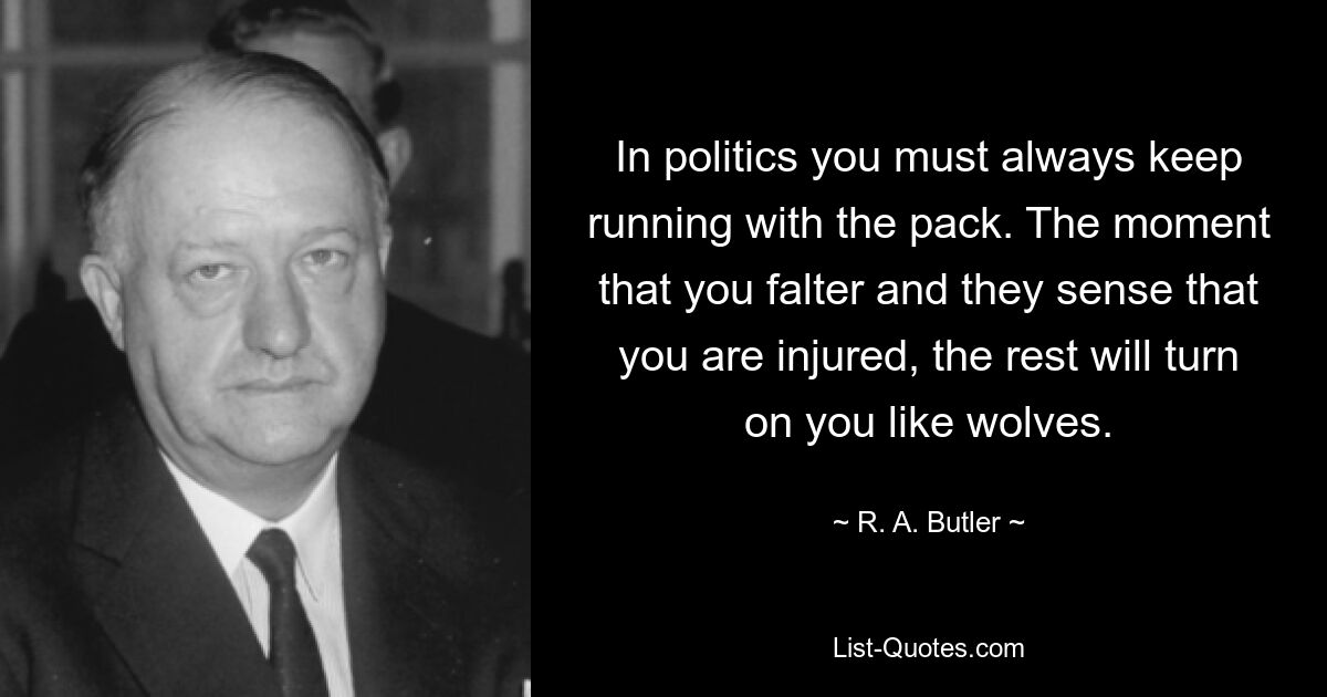 В политике вы всегда должны бежать со стаей. В тот момент, когда вы споткнетесь и они почувствуют, что вы ранены, остальные набросятся на вас, как волки. — © Р.А. Батлер 