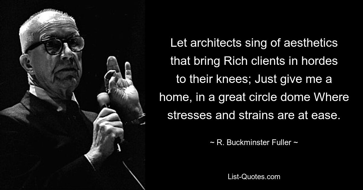 Let architects sing of aesthetics that bring Rich clients in hordes to their knees; Just give me a home, in a great circle dome Where stresses and strains are at ease. — © R. Buckminster Fuller