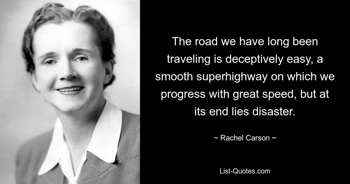 The road we have long been traveling is deceptively easy, a smooth superhighway on which we progress with great speed, but at its end lies disaster. — © Rachel Carson