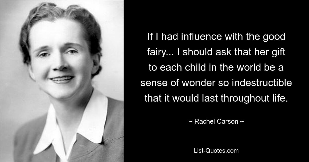 If I had influence with the good fairy... I should ask that her gift to each child in the world be a sense of wonder so indestructible that it would last throughout life. — © Rachel Carson