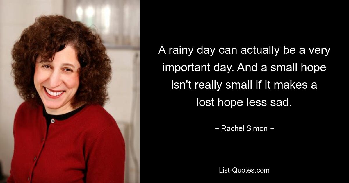 A rainy day can actually be a very important day. And a small hope isn't really small if it makes a lost hope less sad. — © Rachel Simon