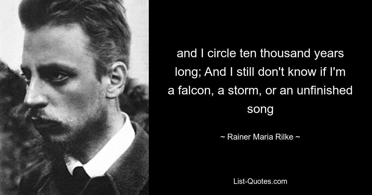 and I circle ten thousand years long; And I still don't know if I'm a falcon, a storm, or an unfinished song — © Rainer Maria Rilke