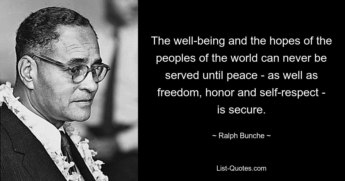 The well-being and the hopes of the peoples of the world can never be served until peace - as well as freedom, honor and self-respect - is secure. — © Ralph Bunche