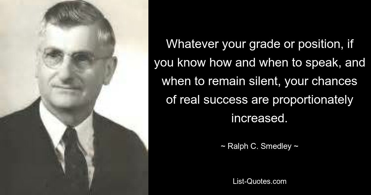 Whatever your grade or position, if you know how and when to speak, and when to remain silent, your chances of real success are proportionately increased. — © Ralph C. Smedley