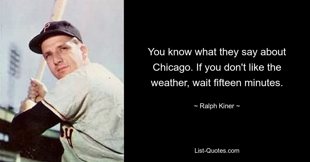 You know what they say about Chicago. If you don't like the weather, wait fifteen minutes. — © Ralph Kiner