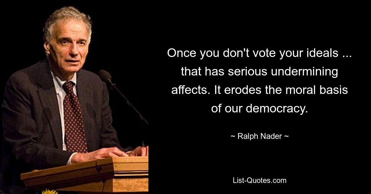 Once you don't vote your ideals ... that has serious undermining affects. It erodes the moral basis of our democracy. — © Ralph Nader