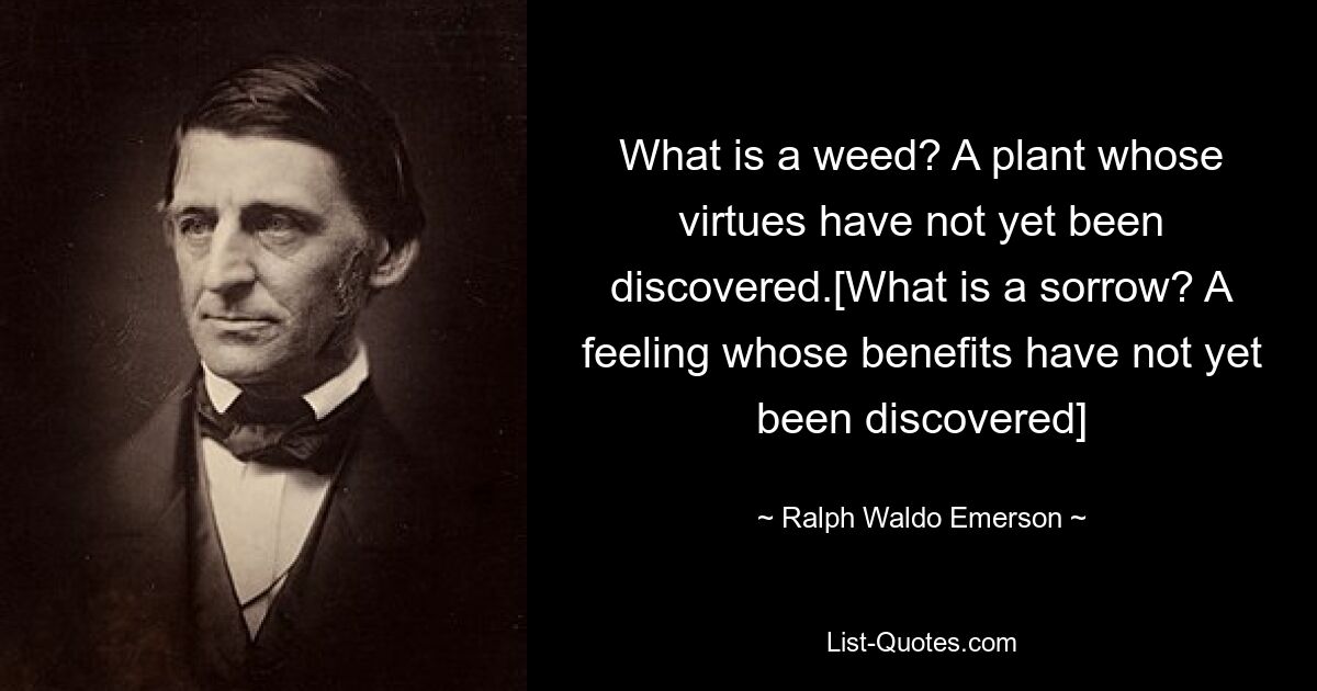 What is a weed? A plant whose virtues have not yet been discovered.[What is a sorrow? A feeling whose benefits have not yet been discovered] — © Ralph Waldo Emerson