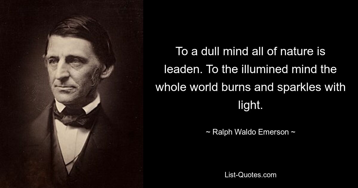 To a dull mind all of nature is leaden. To the illumined mind the whole world burns and sparkles with light. — © Ralph Waldo Emerson