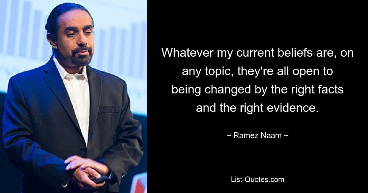 Whatever my current beliefs are, on any topic, they're all open to being changed by the right facts and the right evidence. — © Ramez Naam