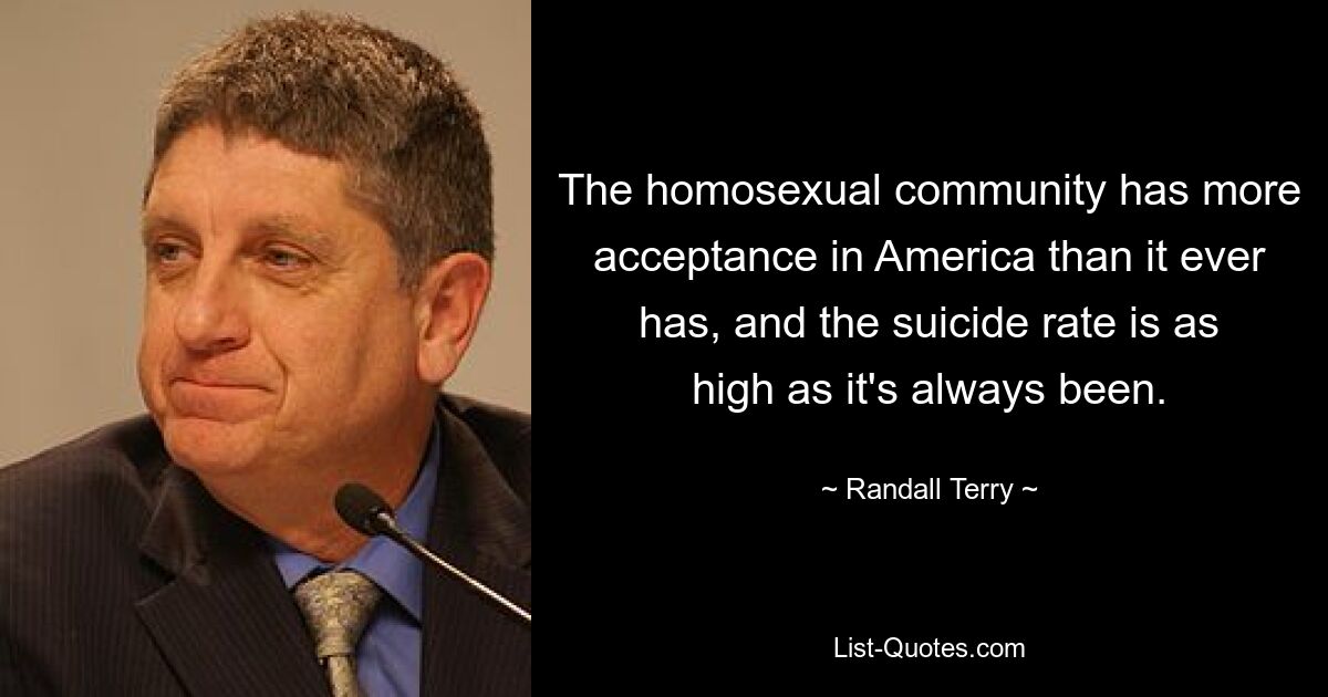 The homosexual community has more acceptance in America than it ever has, and the suicide rate is as high as it's always been. — © Randall Terry