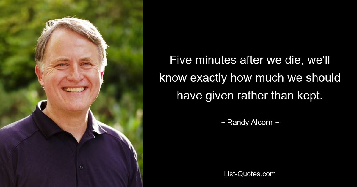 Five minutes after we die, we'll know exactly how much we should have given rather than kept. — © Randy Alcorn