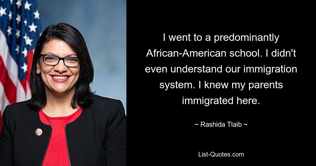 I went to a predominantly African-American school. I didn't even understand our immigration system. I knew my parents immigrated here. — © Rashida Tlaib