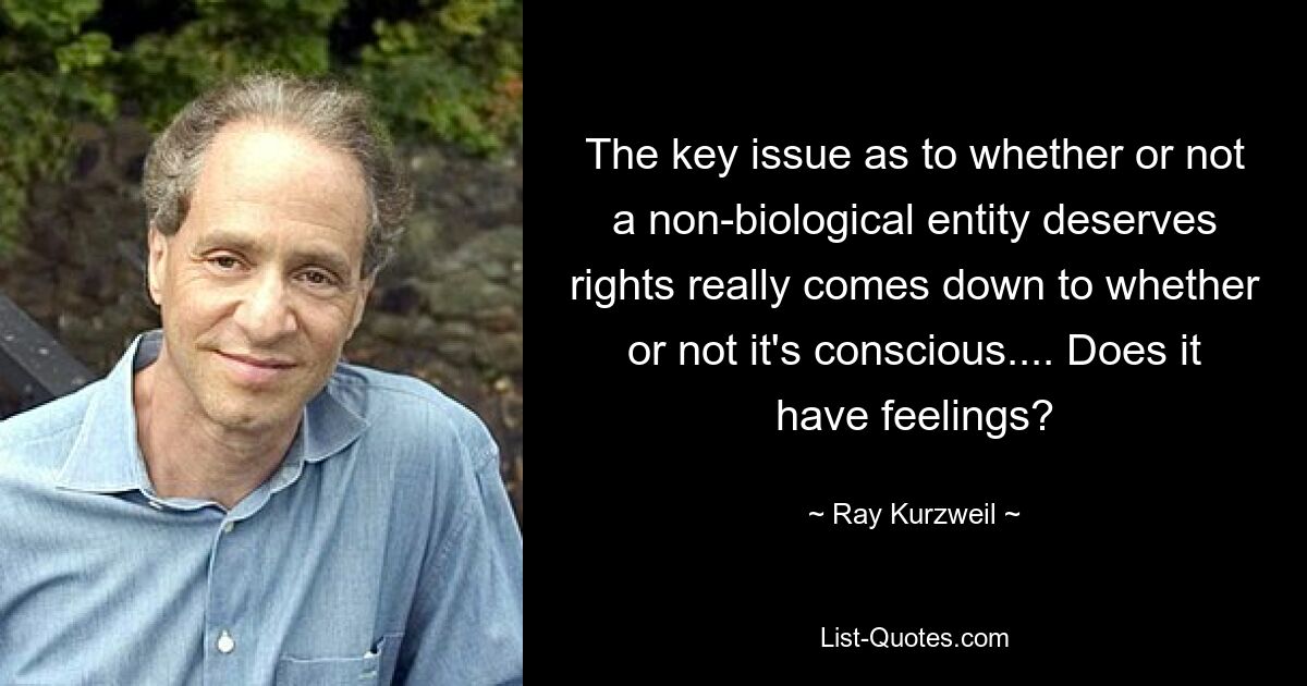 Ключевой вопрос о том, заслуживает ли небиологическое существо прав, на самом деле сводится к тому, обладает ли оно сознанием… Есть ли у него чувства? — © Рэй Курцвейл 