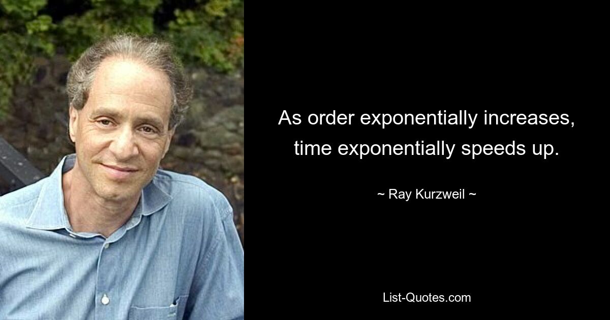 As order exponentially increases, time exponentially speeds up. — © Ray Kurzweil