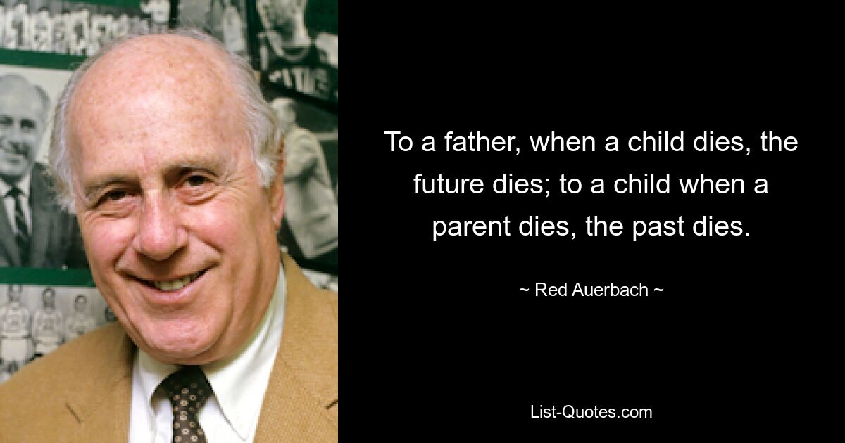 To a father, when a child dies, the future dies; to a child when a parent dies, the past dies. — © Red Auerbach