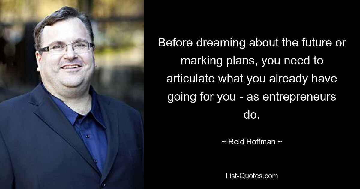 Before dreaming about the future or marking plans, you need to articulate what you already have going for you - as entrepreneurs do. — © Reid Hoffman