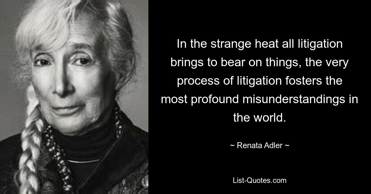 In the strange heat all litigation brings to bear on things, the very process of litigation fosters the most profound misunderstandings in the world. — © Renata Adler