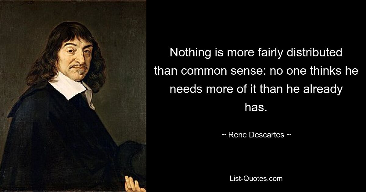 Nothing is more fairly distributed than common sense: no one thinks he needs more of it than he already has. — © Rene Descartes