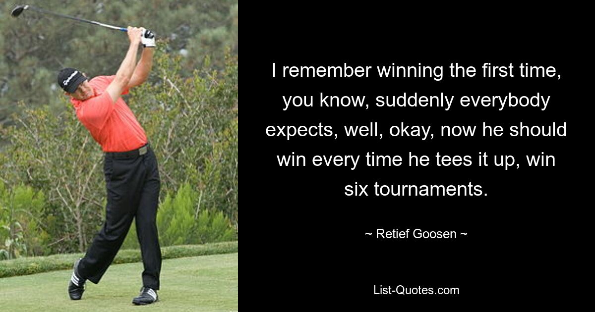 I remember winning the first time, you know, suddenly everybody expects, well, okay, now he should win every time he tees it up, win six tournaments. — © Retief Goosen