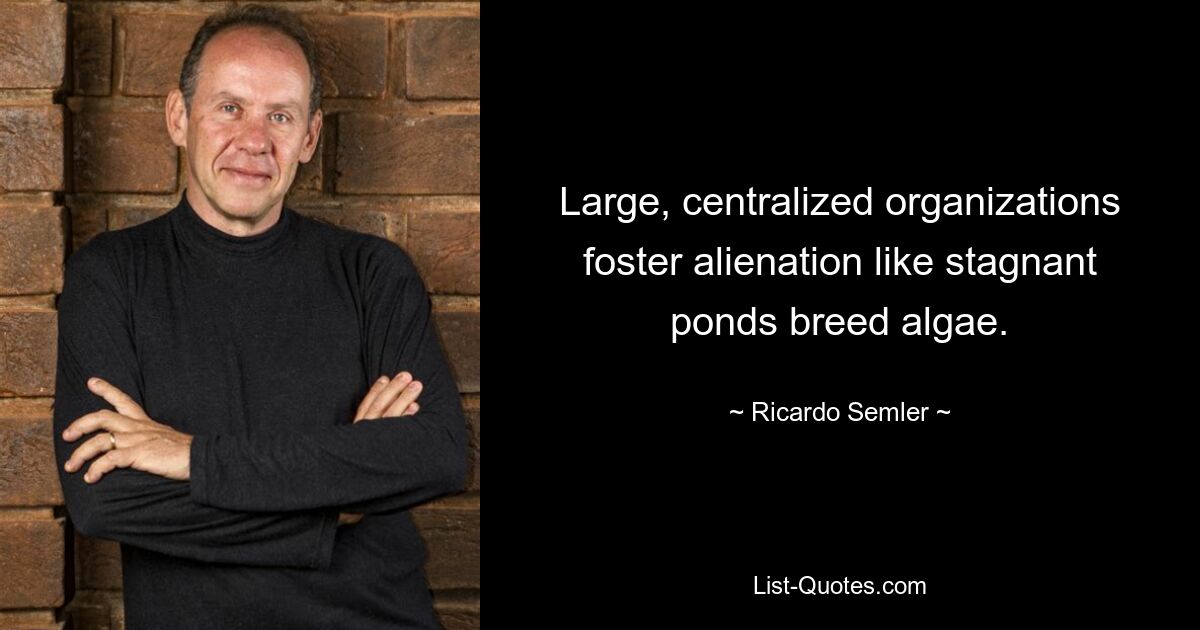 Large, centralized organizations foster alienation like stagnant ponds breed algae. — © Ricardo Semler