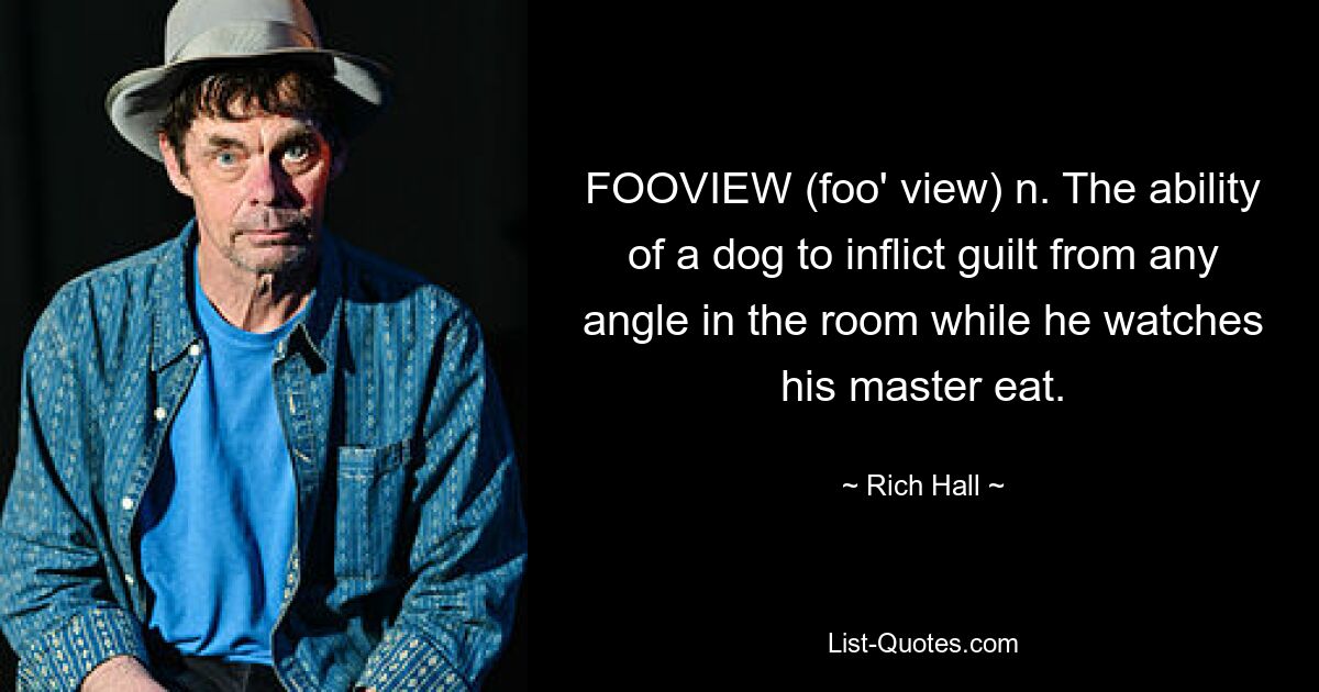 FOOVIEW (foo' view) n. The ability of a dog to inflict guilt from any angle in the room while he watches his master eat. — © Rich Hall