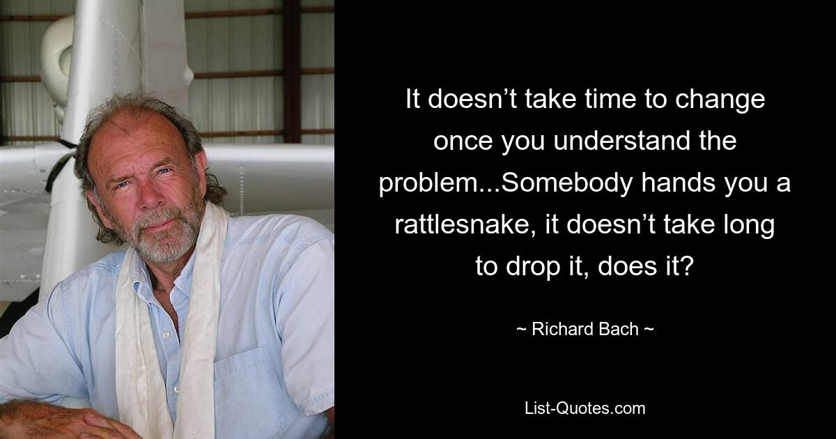 It doesn’t take time to change once you understand the problem...Somebody hands you a rattlesnake, it doesn’t take long to drop it, does it? — © Richard Bach