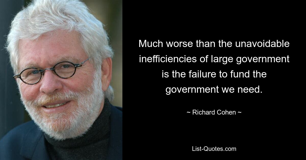 Much worse than the unavoidable inefficiencies of large government is the failure to fund the government we need. — © Richard Cohen