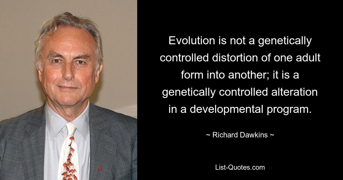 Evolution is not a genetically controlled distortion of one adult form into another; it is a genetically controlled alteration in a developmental program. — © Richard Dawkins