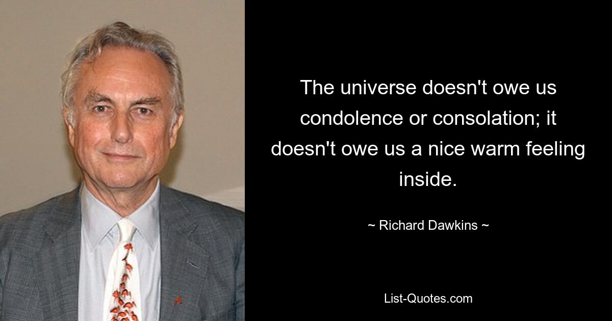 The universe doesn't owe us condolence or consolation; it doesn't owe us a nice warm feeling inside. — © Richard Dawkins