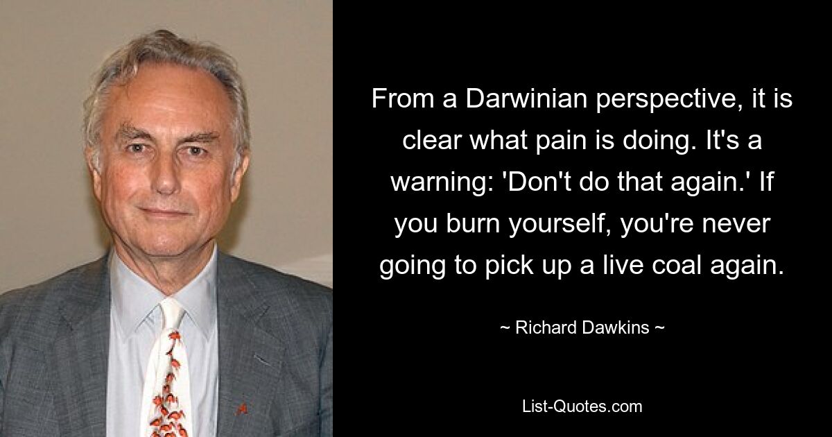 From a Darwinian perspective, it is clear what pain is doing. It's a warning: 'Don't do that again.' If you burn yourself, you're never going to pick up a live coal again. — © Richard Dawkins