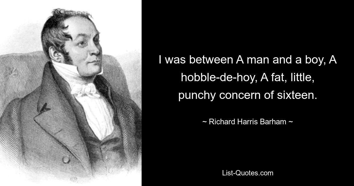 I was between A man and a boy, A hobble-de-hoy, A fat, little, punchy concern of sixteen. — © Richard Harris Barham