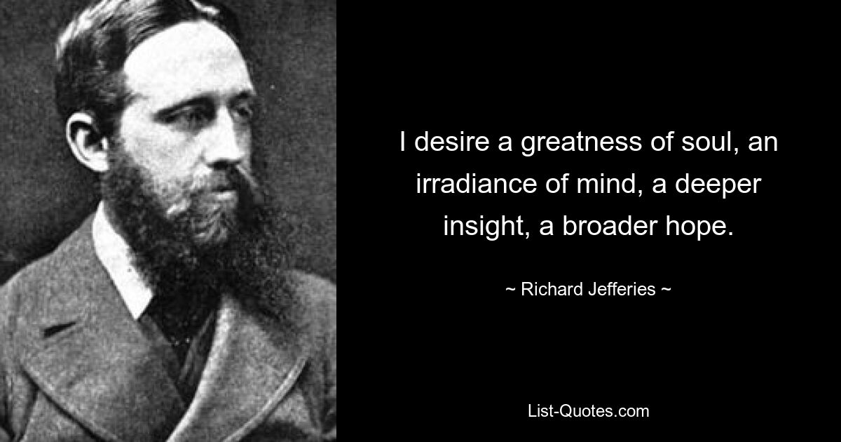 I desire a greatness of soul, an irradiance of mind, a deeper insight, a broader hope. — © Richard Jefferies