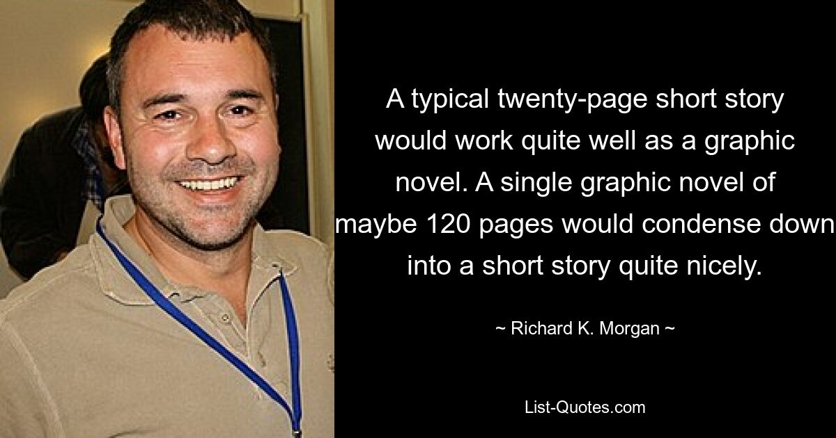 A typical twenty-page short story would work quite well as a graphic novel. A single graphic novel of maybe 120 pages would condense down into a short story quite nicely. — © Richard K. Morgan