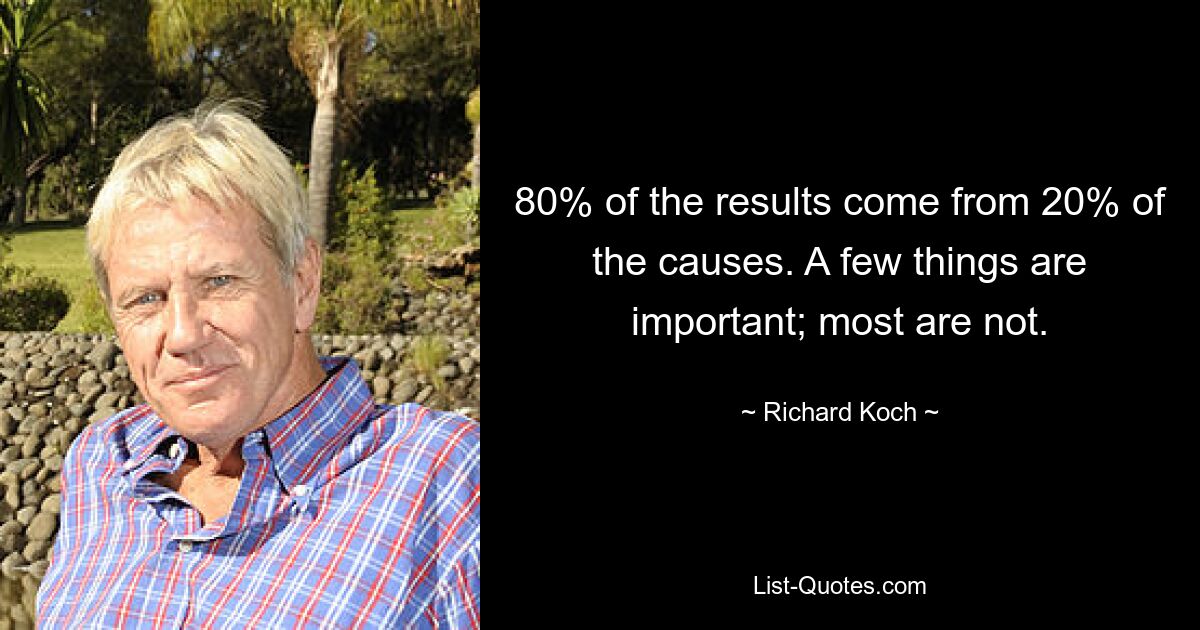 80% of the results come from 20% of the causes. A few things are important; most are not. — © Richard Koch