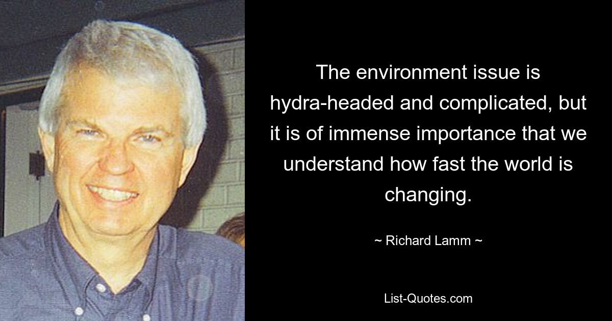 The environment issue is hydra-headed and complicated, but it is of immense importance that we understand how fast the world is changing. — © Richard Lamm