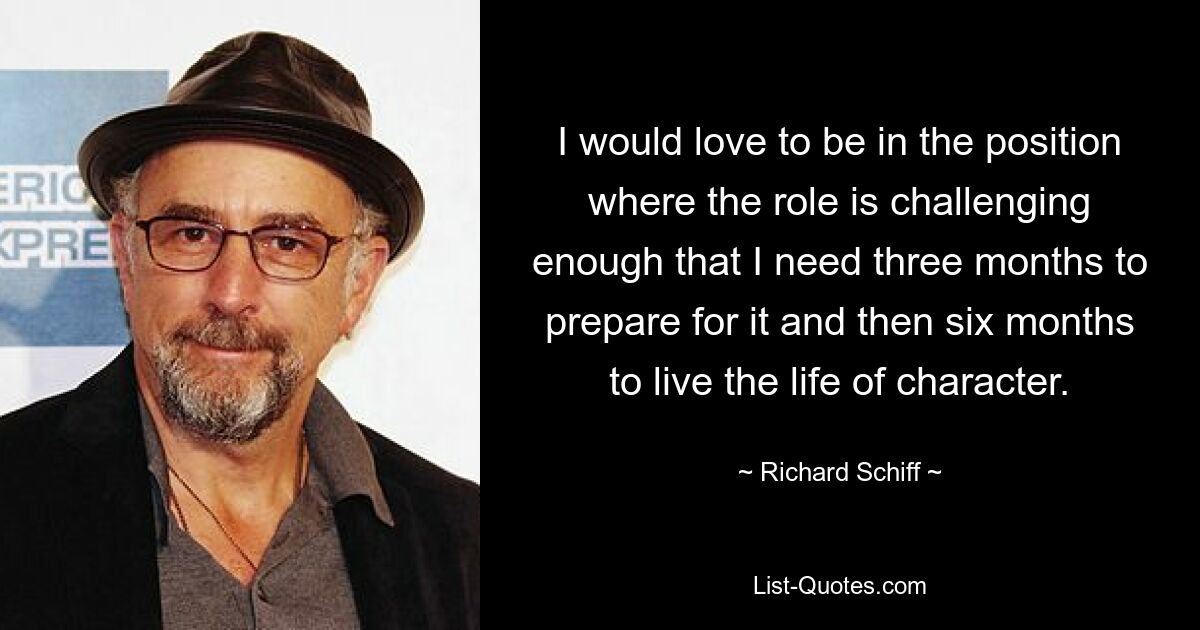 I would love to be in the position where the role is challenging enough that I need three months to prepare for it and then six months to live the life of character. — © Richard Schiff