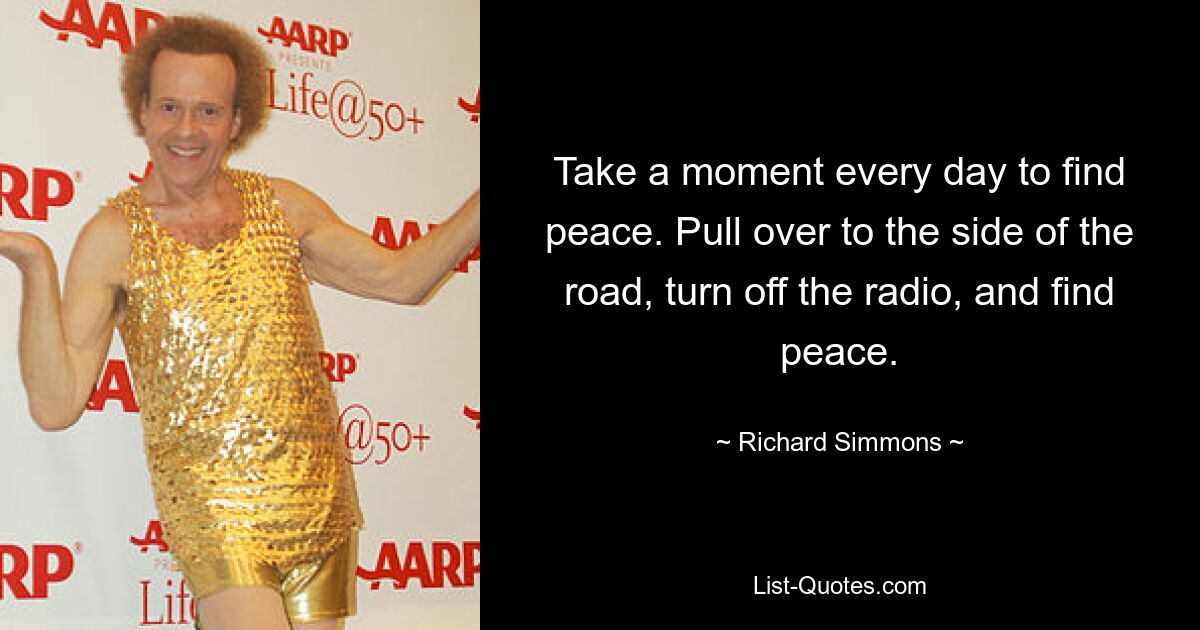 Take a moment every day to find peace. Pull over to the side of the road, turn off the radio, and find peace. — © Richard Simmons