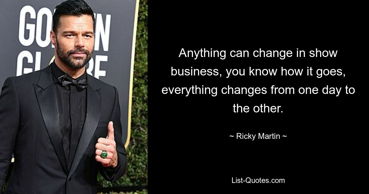 Anything can change in show business, you know how it goes, everything changes from one day to the other. — © Ricky Martin