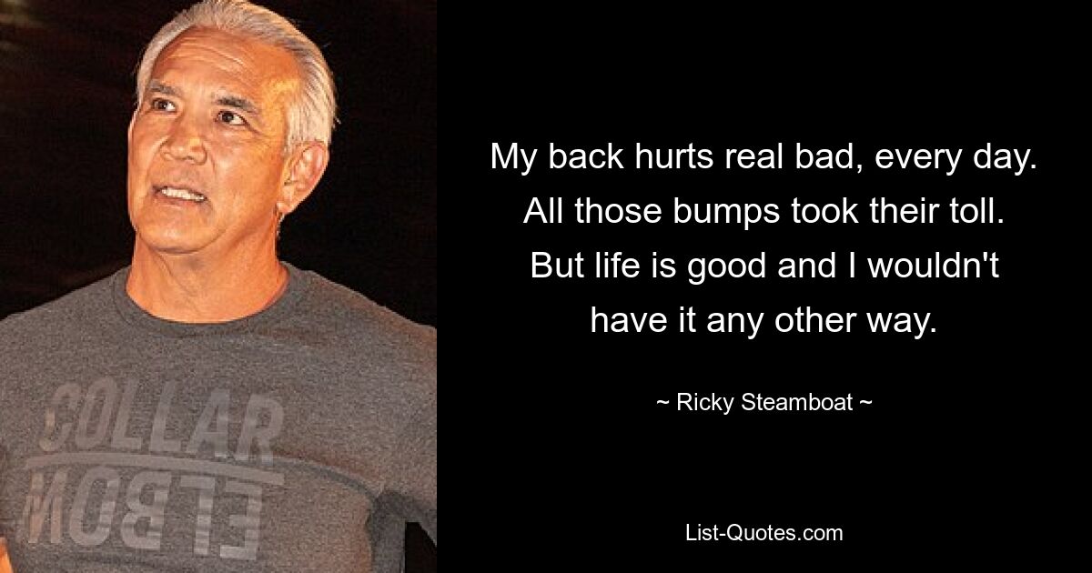 My back hurts real bad, every day. All those bumps took their toll. But life is good and I wouldn't have it any other way. — © Ricky Steamboat