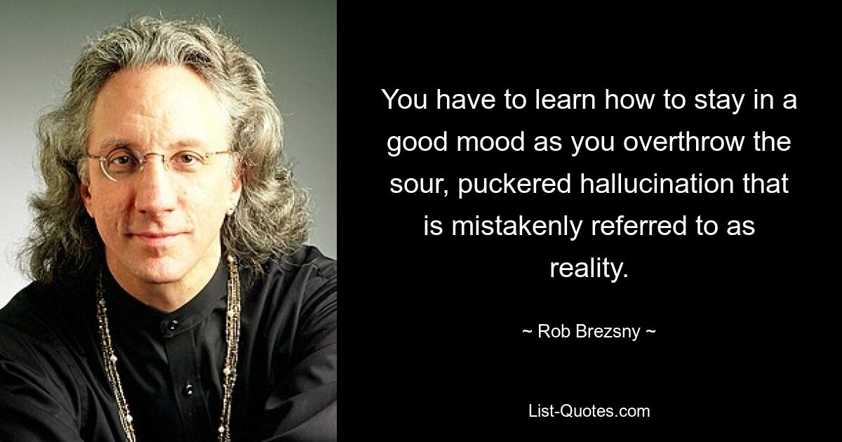 You have to learn how to stay in a good mood as you overthrow the sour, puckered hallucination that is mistakenly referred to as reality. — © Rob Brezsny