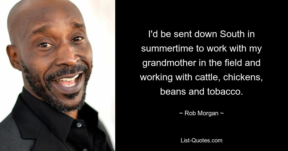 I'd be sent down South in summertime to work with my grandmother in the field and working with cattle, chickens, beans and tobacco. — © Rob Morgan